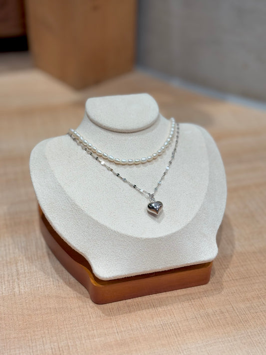 925純銀甜酷愛心x天然米珠珍珠頸鏈