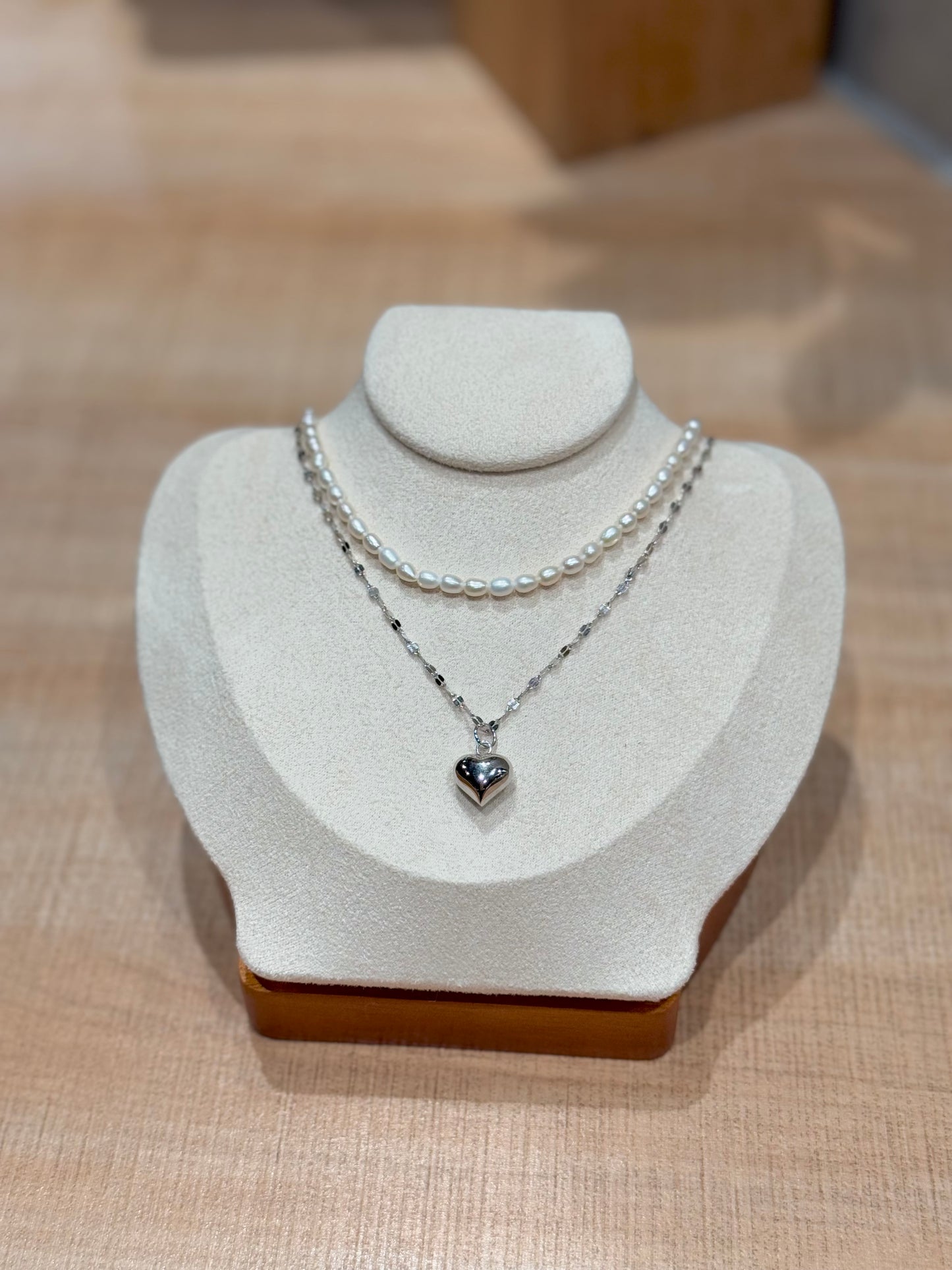 925純銀甜酷愛心x天然米珠珍珠頸鏈